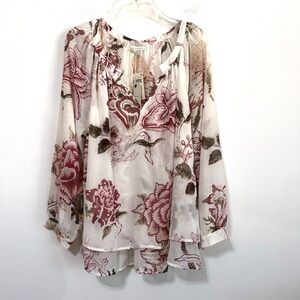 Lucky Brand Women's Blouse - Cream and Red Floral